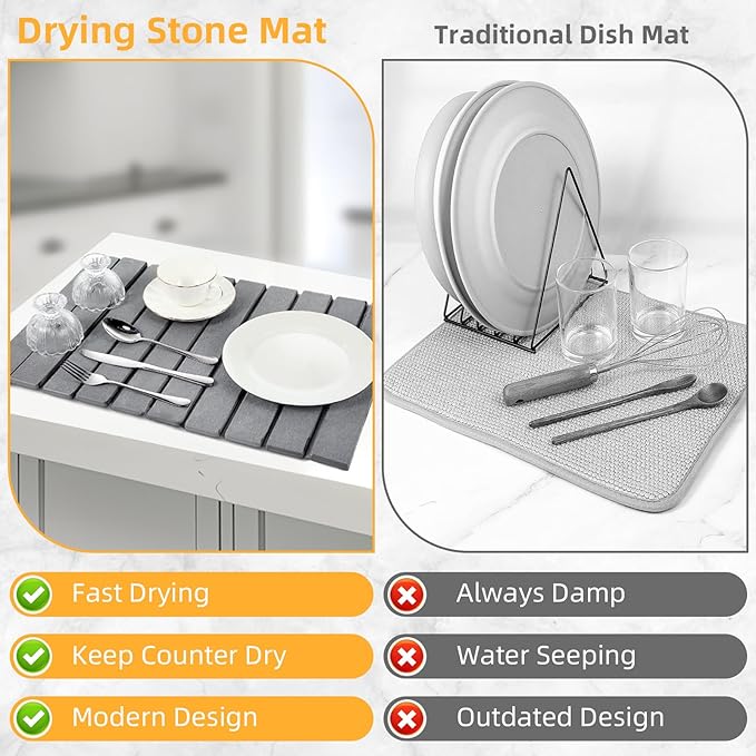 Large Stone Dish Drying Mats for Kitchen Counter, 24"(L)×16"(W), Fast Dry Super Absorbent Collapsible Dish Drying Pad (Light Grey, 24"(L)×16"(W))