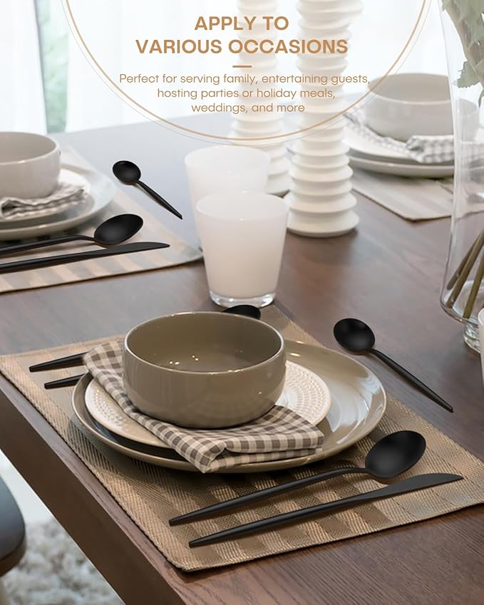 Black Silverware Set for 12,Ollex 60-Piece Modern Black Flatware Set with Food-Grade Stainless Stain Knives Forks Spoons Matte Utensil Set Satin Finish tableware Cutlery Set,Dishwasher Safe