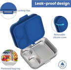 Stainless Steel Bento Lunch Box for Kids | 3-Compartment Lunch Box Container Kids | 100% Leakproof, Dishwasher-Safe, Eco-Friendly, Perfect Portion Control for Kids&Adult Healthy Meals (Blue)