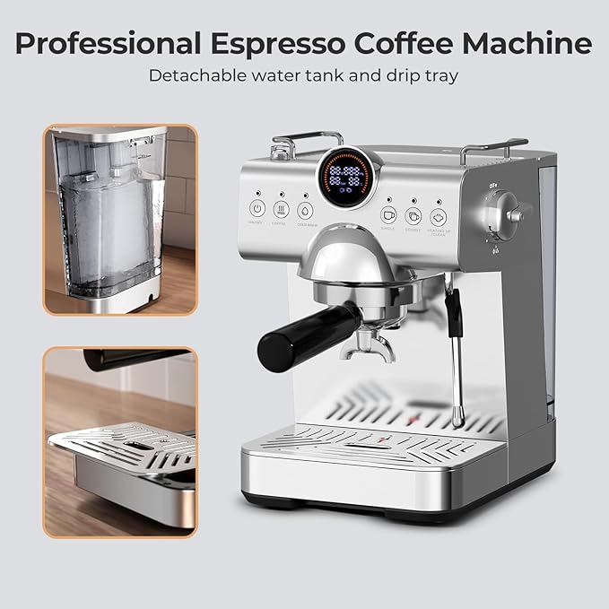 20 Bar Espresso Machine,Compact Stainless Steel Cold Brew & Hot Coffee Machine with Steam Wand,LED Display,50 oz Removable Water Tank,Cappuccino Machine for Home,Semi-Automatic,Silver