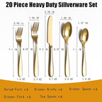 20-Piece Gold Silverware Set, Flatware Set for 4, Food-Grade Stainless Steel Tableware Cutlery Set, Mirror Finished Utensil Sets for Home Restaurant, Forks Spoons and Knives Set, Dishwasher Safe