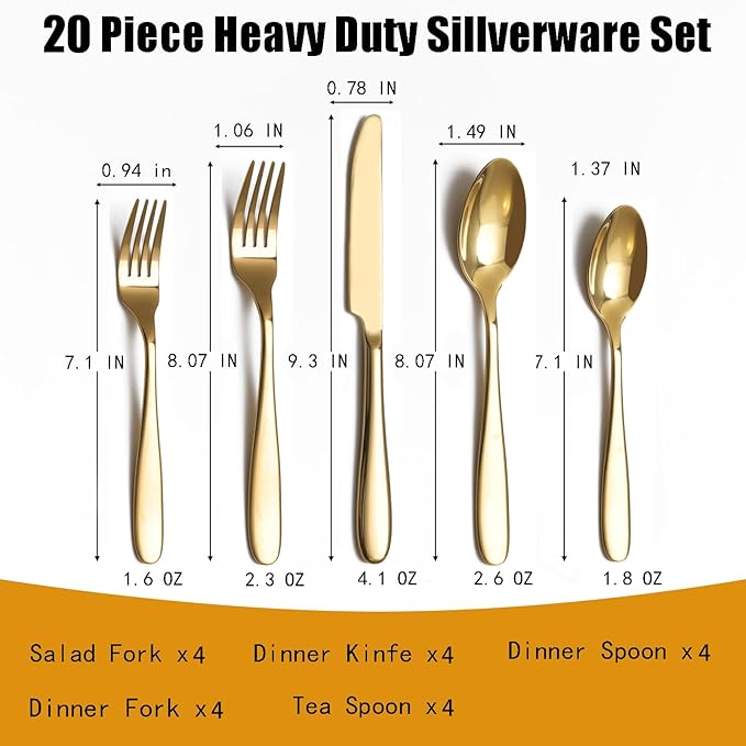 20-Piece Gold Silverware Set, Flatware Set for 4, Food-Grade Stainless Steel Tableware Cutlery Set, Mirror Finished Utensil Sets for Home Restaurant, Forks Spoons and Knives Set, Dishwasher Safe