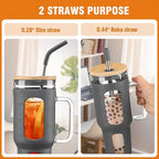 Glass Tumbler with Lid and Straw, 46 oz Iced Coffee Cup with Handle, Large Water Bottles with Silicone Sleeve, Glass Cup with Straws - Pearl Straw & Drinking Straw BPA Free-Grey