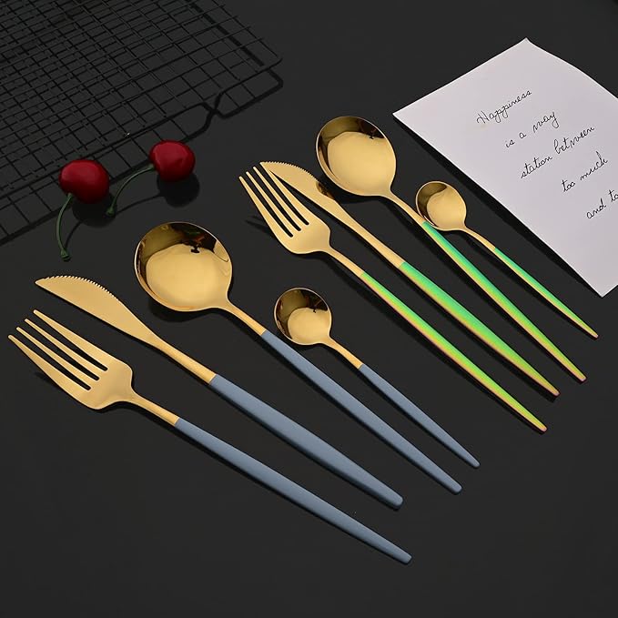 JASHII Flatware Set 24 Piece, Stainless Steel Silverware Set, Macaron Small Fresh Color Cutlery Set, Modern Elegant Tableware Set for Party, Christmas, Dinner (Rainbow Gold)