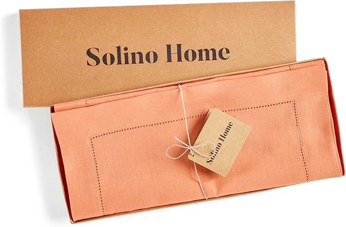 Solino Home Linen Coral Hemstitch Table Runner 60 Inches - 100% Pure Linen Small Table Runner 14 x 60 Inch Ideal for Dresser and Coffee Tables - Classic Hemstitch, Summer