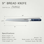 Made In Cookware - 9" Inch Bread Knife France - Full Tang With Harbour Blue Handle