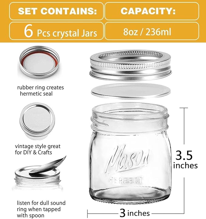 Mason Jars, 8 OZ, 12 Pack with Lids and Bands, Glass Canning Jars for Canning, Pickling, Preserving, Jam, Honey, Wedding Favors, Shower Favors (12 Pack) (Combo)
