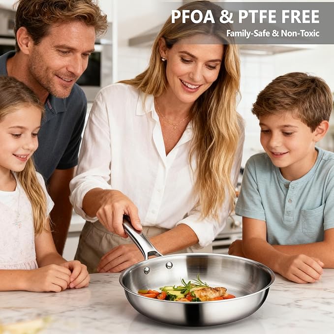 Bonnlo 10 Pieces Cookware Set, 3-Ply Stainless Steel Pots and Pans Set with Lids, Non-Toxic Kitchen Set, Oven & Dishwasher Safe, Induction Cooking Set, PFOA & PTFE Free, Compatible for All Cooktops