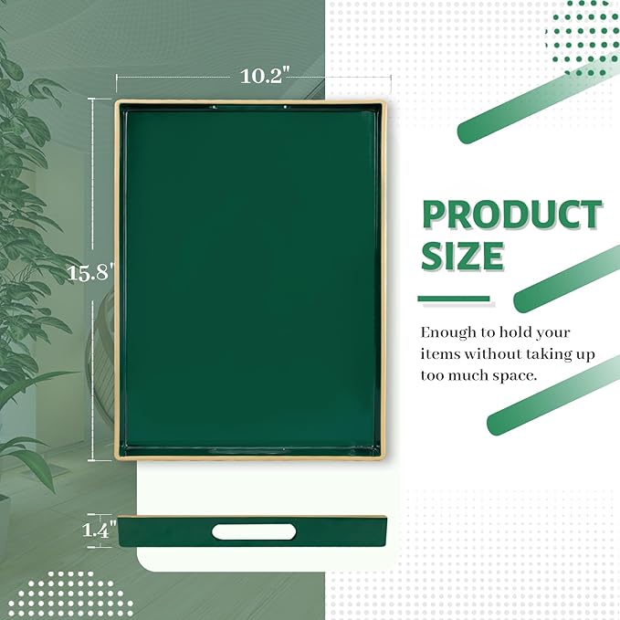 MAONAME Dark Green Decorative Tray, Serving Tray with Handles, Plastic Trays for Coffee Table, Rectangular Trays for Living Room, Bedroom, 15.8" X 10.2" X 1.4"