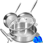 LOLYKITCH 8.5-10 Inch Tri-Ply Stainless Steel Frying Pans and 12 Inch Sauté Pan with Lid,Induction Cookware Set,Multipurpose and Detachable Handle,Dishwasher and Oven Safe
