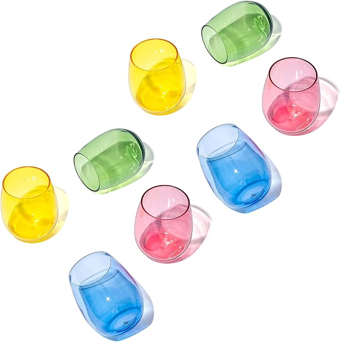 KX-WARE Unbreakable 18-ounce Acrylic Stemless Wine Glasses All Purpose Plastic Tumbler, set of 8 Multicolor Dishwasher Safe BPA Free Classic Style