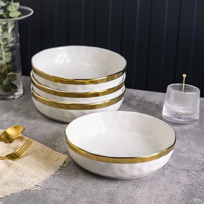 Stone Lain Florian 4-Piece Round Pasta Bowl Set, White with Gold Rim