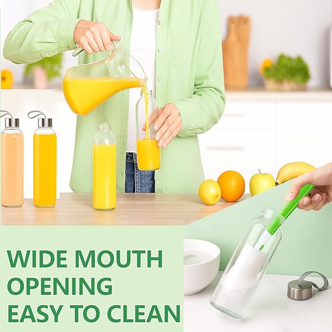 12 Pack 18oz Glass Juice Bottles with Lids Carry Strap, Reusable Glass Water Bottle BPA Free Leakproof Wide Mouth Smoothie Tea Coffee Cold Brew Storage Refrigerator Safe