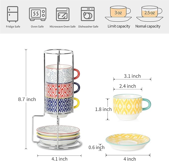 Selamica Ceramic Espresso Cups with Saucers and Metal Stand, 2.5 OZ Stackable Demitasse Cups for Espresso Latte Café Mocha Tea, Set of 4, Assorted Colors