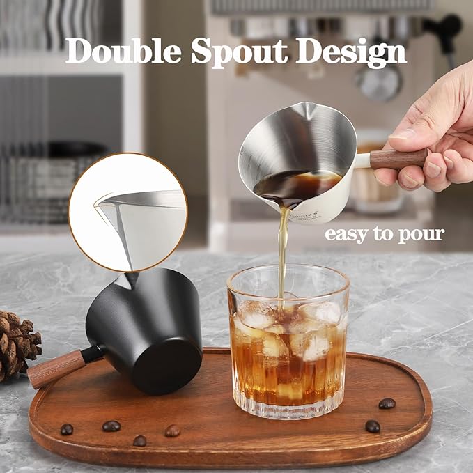 Mongdio Espresso Measuring Cup, Stainless Steel Espresso Shot Cups with Wooden Handle and Double Spouts, 6.8OZ/200ML, Silver
