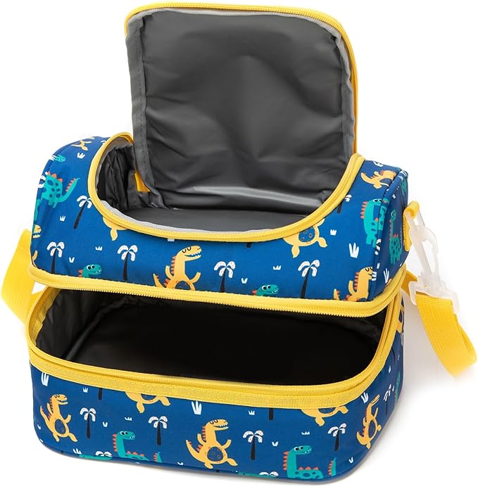 Insulated Kids Dual Compartment Lunch Bags Tote for Girls Boys Toddler Lunch Boxes Pre-School Toddler Kindergarten Picnic Camp Food Cooler Thermal with Strap (Z Yellow Dinos)