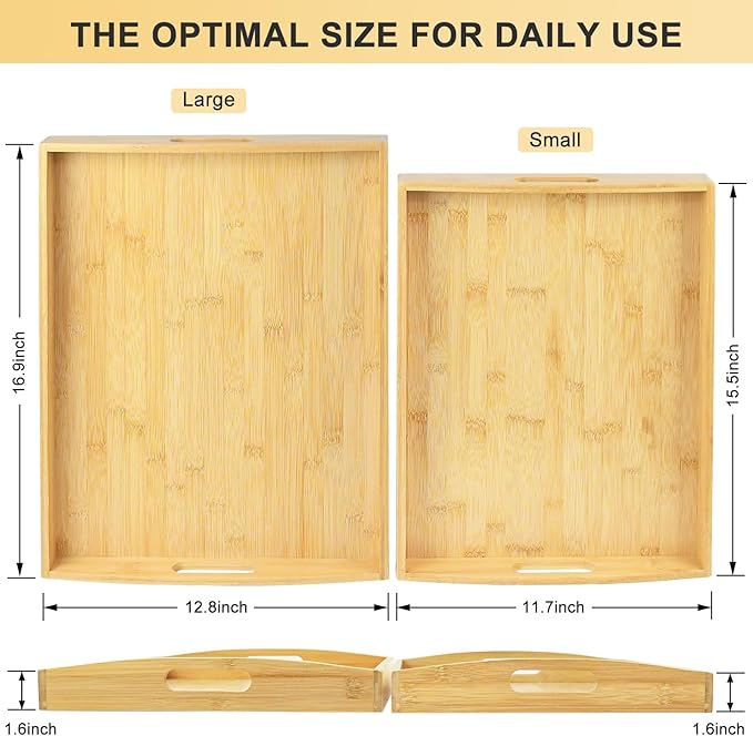 Bamboo Serving Tray with Handles Set of 2, Elegant Wood Tray for Serving Food, Coffee, or Decoration- Suitable for Living Room, Kitchen, Bedroom, Bathroom and BBQ, Picnic