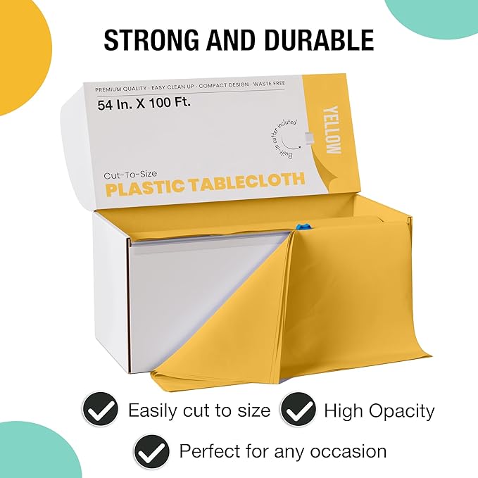 Exquisite Party Solids 54 Inch X 100 Feet Yellow Plastic Table Cover Roll in A Cut - to - Size Box with Convenient Slide Cutter. Cuts Up to 12 Rectangle 8 Feet Plastic Disposable Tablecloths