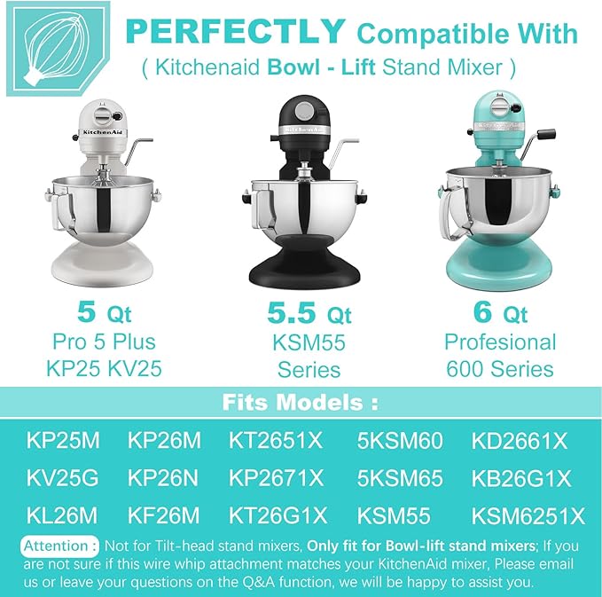 Wire Whip for KitchenAid Stand Mixer, airkitrep KN256 Stainless Steel Whisk Attachment, 6 Wire Whip Attachment Fits for Kitchen Aid 5-6 Quart Bowl-Lift Mixer, KP26, KD26, Pro 6500 Series Mixer