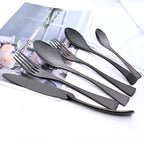 24-Piece Black Flatware, Mirror 18/10 Stainless Steel Modern & Luxury Dinnerware Set With Serrated Steak Knife Teaspoon For Daily Use or Dinner Party Restaurant - Service For 4