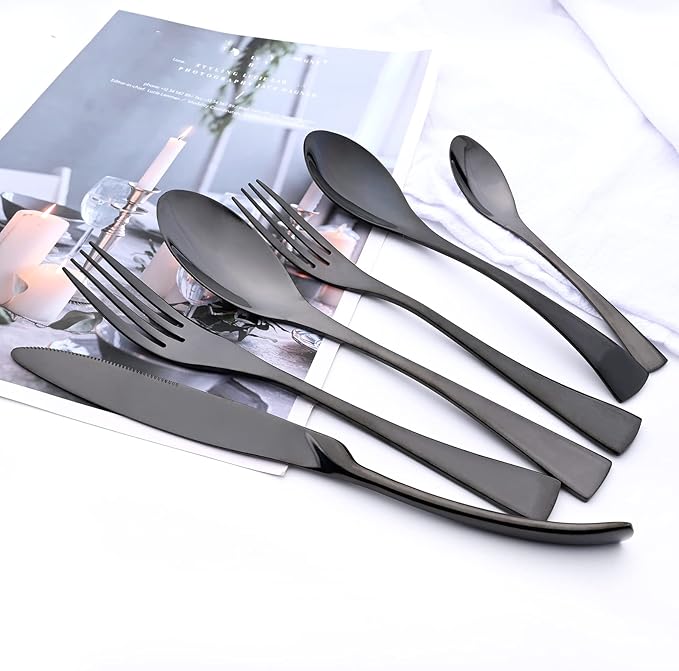 24-Piece Black Flatware, Mirror 18/10 Stainless Steel Modern & Luxury Dinnerware Set With Serrated Steak Knife Teaspoon For Daily Use or Dinner Party Restaurant - Service For 4