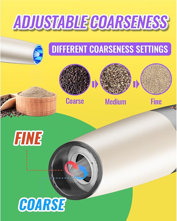 Rongyuxuan Gravity Salt and Pepper Mill Set, Electric Automatic Pepper Grinder Mill Shaker with Battery Powered,Stainless Steel,Blue LED Light,Adjustable Coarseness,One Hand Use,Khaki