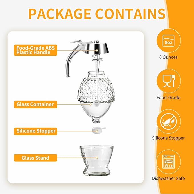Honey Dispenser, Glass Honey Dispenser No Drip, Honey Pot with Stand, 8 oz Honey Jar, Maple Syrup Honey Container, Elegant Honeycomb Design for Home Decor for Any Occasion