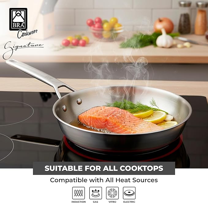 BRA COOKWARE Signature Deep Frying Pan | 11 inches Professional High Skillet | Stainless Steel Deep Frying Pan | All Stovetop Compatible | PFOA Free | w/o Non-Stick Coating | Polished Finish