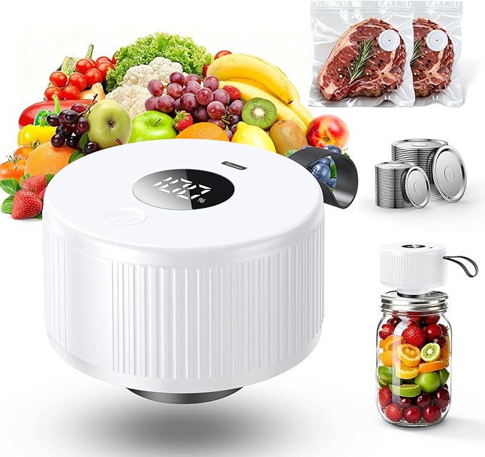 3-in-1 Electric Mason Jar Vacuum Sealer Kit for Mason Jars, Food Savers & Containers | Food Preservation System for Kitchen | Ideal for Canning Jams, Pickles, Dry Foods, Grains & Leftovers (White)