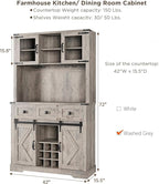 72" Farmhouse Bar Cabinet with Sliding Barn Door, Tall Kitchen Buffet with Storage Hutch and 3 Drawer, Rustic Coffee Wine Bar Sideboard with Wine & Glasses Rack, for Living Room, Washed Grey