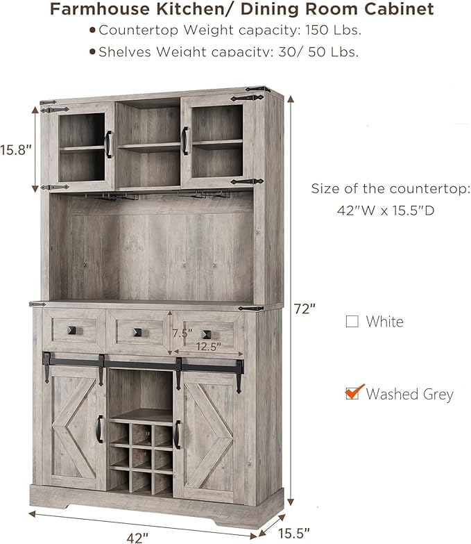 72" Farmhouse Bar Cabinet with Sliding Barn Door, Tall Kitchen Buffet with Storage Hutch and 3 Drawer, Rustic Coffee Wine Bar Sideboard with Wine & Glasses Rack, for Living Room, Washed Grey