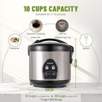 10-Cup Uncooked Rice Cooker & Food Steamer - Ceramic Non-Toxic Inner Pot, One-Touch Multifunction for Rice/Sauté/Yogurt, Dishwasher Safe, 3-10 Family Size, Stainless Steel