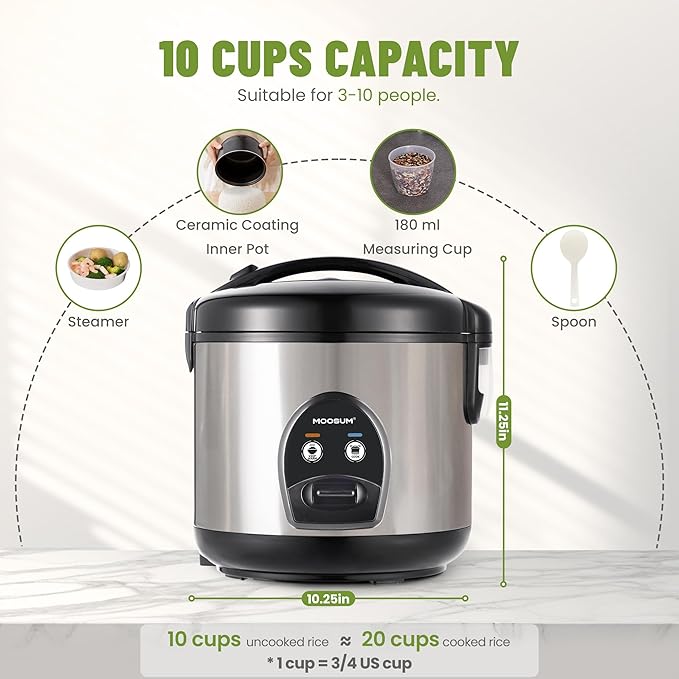 10-Cup Uncooked Rice Cooker & Food Steamer - Ceramic Non-Toxic Inner Pot, One-Touch Multifunction for Rice/Sauté/Yogurt, Dishwasher Safe, 3-10 Family Size, Stainless Steel