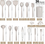 E-far Silicone Cooking Utensils Set, 24Pcs Heat Resistant Kitchen Utensil with Holder, Silicone Kitchen Tools with Spatula Turner Spoon Tongs Whisk, Non-Toxic & Dishwasher Safe (Khaki)