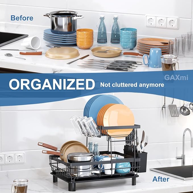 GAXmi Dish Drying Rack Over The Sink Drainer with Drainboard Utensil Holder Cup Holder, 2-Tier Black