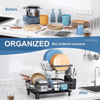 GAXmi Dish Drying Rack Over The Sink Drainer with Drainboard Utensil Holder Cup Holder, 2-Tier Black