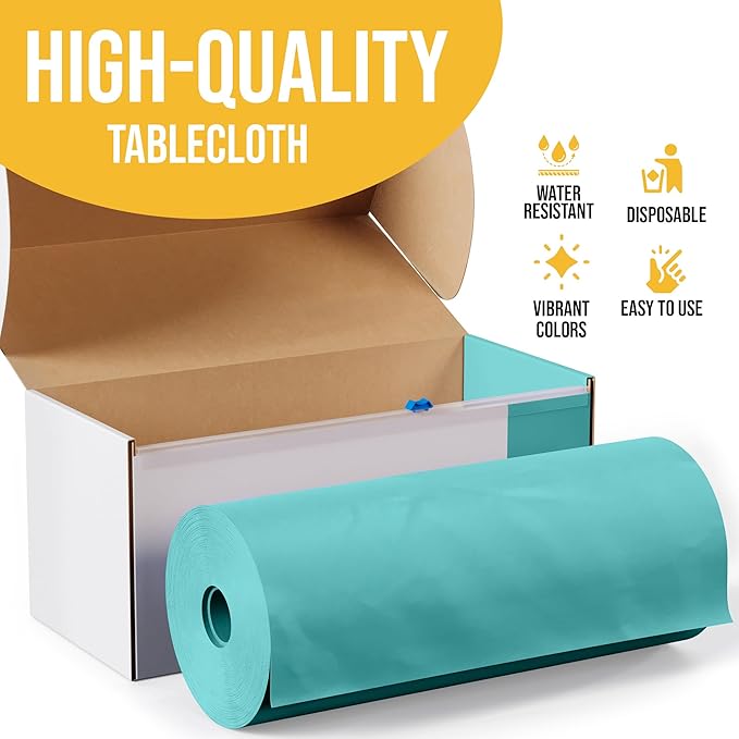 Exquisite Party Solids 54 Inch X 300 Feet Aqua Plastic Table Cover Roll in A Cut - to - Size Box with Convenient Slide Cutter. Cuts Up to 36 Rectangle 8 Feet Plastic Disposable Tablecloths
