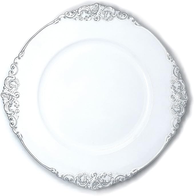 allgala 13-Inch 6-Pack Heavy Quality Round Charger Plates-Floral White Silver Trim-HD80342