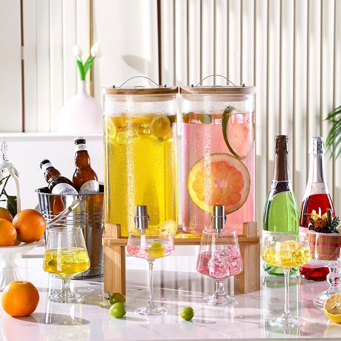 2 PCS Glass Drink Dispenser Set 1.5 Gallon With Stand, Spigot, Large Water Drink Dispensers for Parties for Lemonade, Juice, and Wedding, Bars