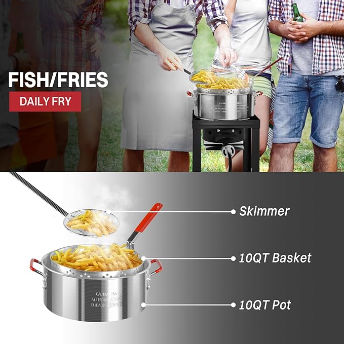30QT & 10QT Outdoor Fryer | Turkey Fryer | Seafood Boil Pot | Cover & Skimmer Included | 50,000BTU Propane Burner | Aluminum Deep Fryer Pot with Basket | Crab, Seafood & Crawfish Boiler