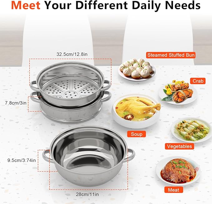 3 Tier Stainless Steel Steamer Set 28 Cm, 11 Inch Food Steam Pot For Cooking Vegetables, Seafood, Soups, Stews, Pasta, Veggie