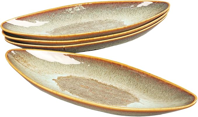 Serving Platter Olives Plate Large Tray Set of 4, For Entertaining Porcelain Trays, Salad, Appetizer, Pasta,Microwave, ovens dishwashers Safe,Brown reactive glaze 15.4 Inch