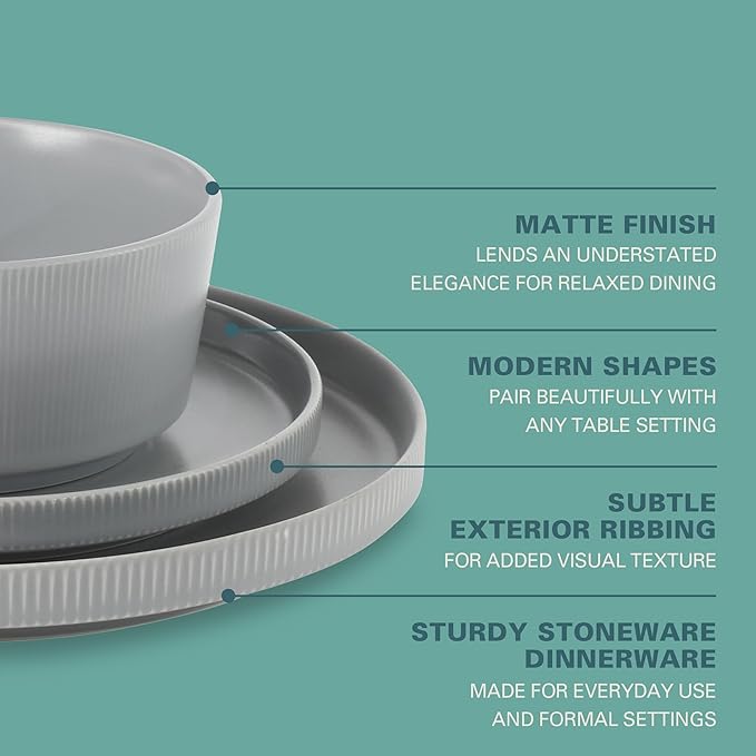 Gibson Home Dempsey Road 12-Piece Stoneware Dinnerware Set – Service for 4, Round Grey Plates and Bowls, Durable Solid Color Modern Embossed Dish Set, Microwave & Dishwasher Safe