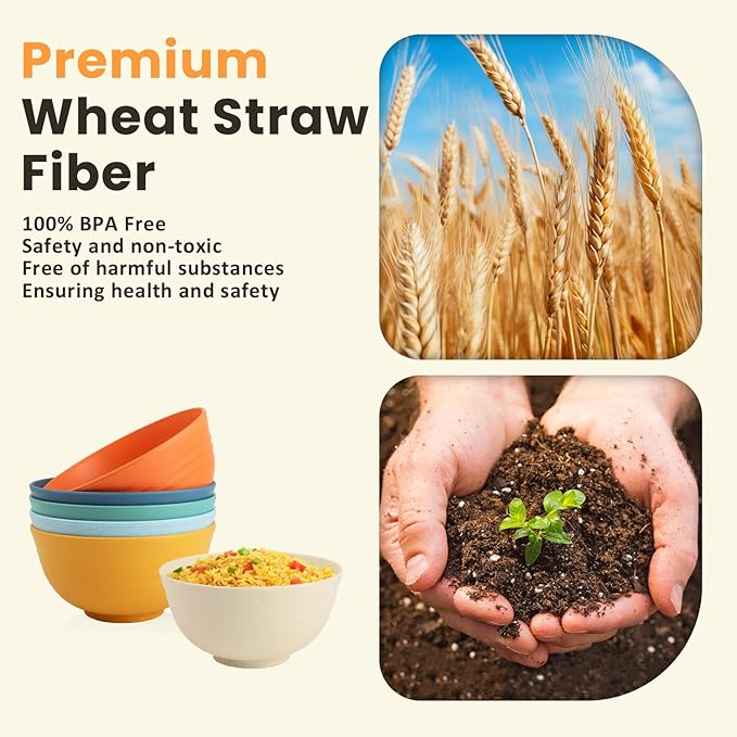 Homienly Wheat Starw Cereal Bowls, Unbreakable Bowl Set 6 PCS, Microwave and Dishwasher Safe Bowls, Alternative to Plastic Bowl Reusable, Bowl Set for Kitchen, Picnic, Camping, Party (26 OZ, Colorful)