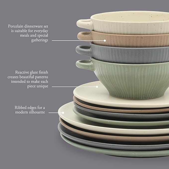 Gibson Elite Clover Hill 12-Piece Stoneware Dinnerware Set – Assorted Colors in Sage Green, Charcoal, Taupe & Cream – Embossed Reactive Glaze Plates & Bowls, Microwave & Dishwasher Safe, Service for 4