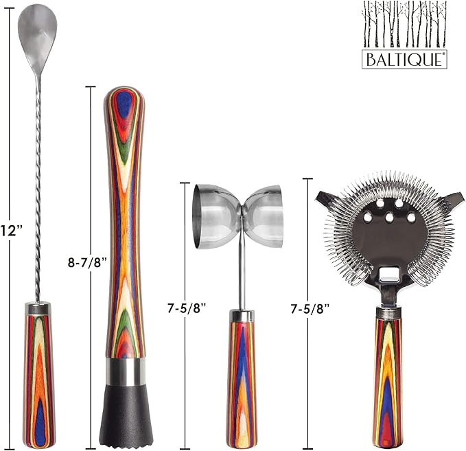 Totally Bamboo Baltique Marrakesh 4 Piece Bartender Kit, Bartending Gift Set with Essential Bar Accessory Tools, Includes Muddler, Double Sided Jigger, Hawthorne Cocktail Strainer and Bar Spoon