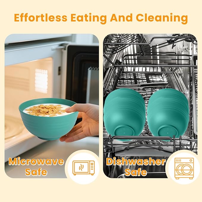 Homienly Wheat Straw Bowls, Cereal Bowls, Plastic Bowl Alternative, Set of 8, Unbreakable Microwave Safe Bowls for Soup, Salad, Dinner, Cereal, Snack, Dishwasher Safe for Kitchen, Party (Green, 26 OZ)