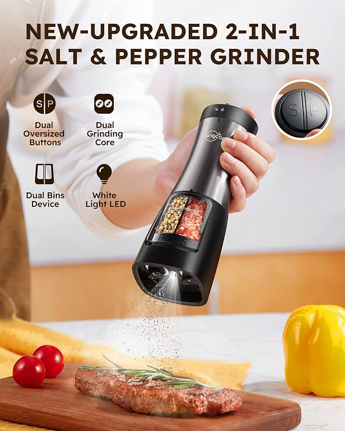 Sangcon Electric Salt and Pepper Grinder Set Shaker 2 IN 1 - Automatic Salt and Pepper Grinder Mill, Battery Powered One-Handed Operation Refillable with Light Dual Ceramic Grinder