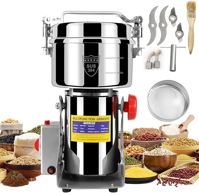 Grain Mill Grinder Electric Flour, 750g Corn Fine Powder Rice Grinder Wheat Mill for Home Kitchen Commercial Stainless Steel Spice Food Pepper Coffee Beans (Swing Type)