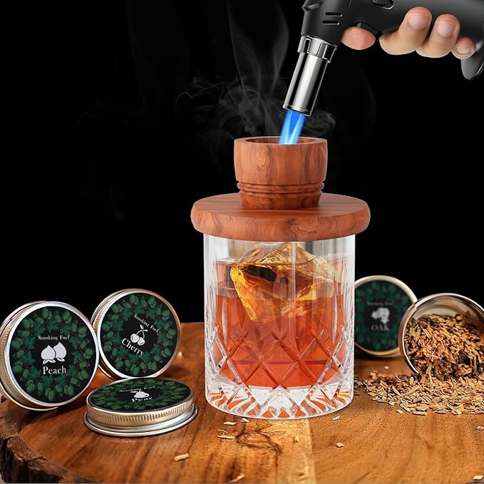 Whiskey Smoker Kit with Torch - 8 Natural Wood Chips Flavors, 2 Glasses, 2 Ice Molds - Cocktail Smoker Infuser Kit, Old Fashioned Smoker Kit, Birthday Bourbon Whiskey Gifts for Men, Dad